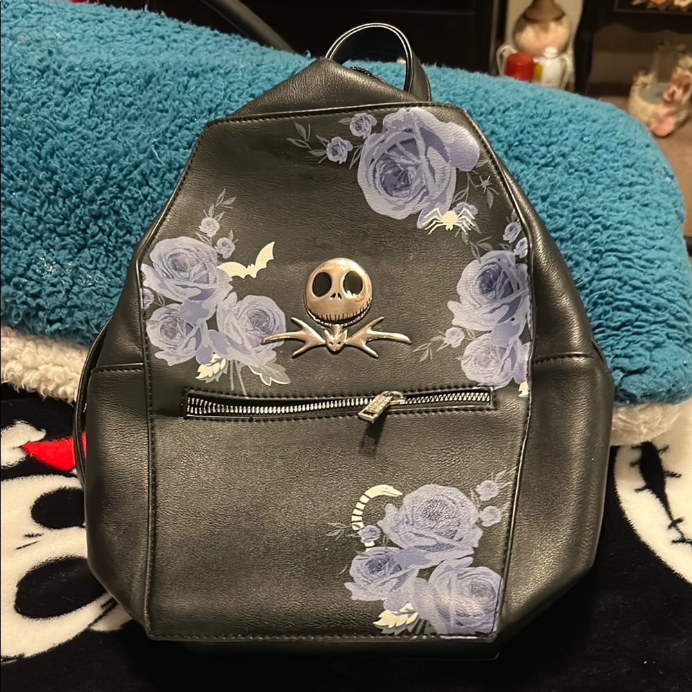 Black and Purple Floral Backpack with Leather-like Finish